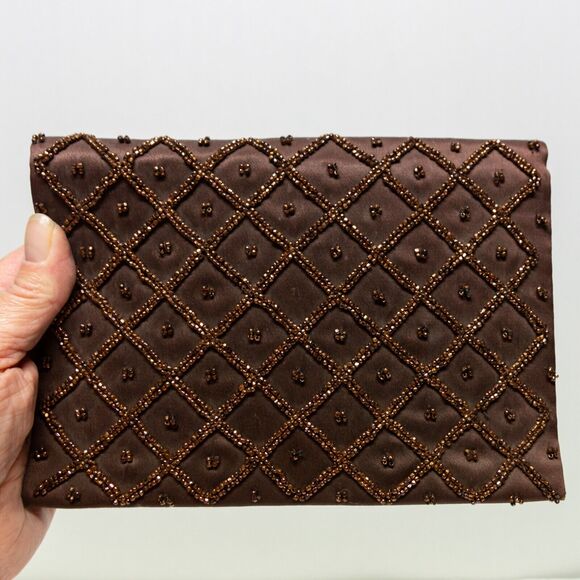 Envelop Clutch Vintage MAGID Brown Beaded Purse Antique Bag with Original Mirror - Picture 8 of 8